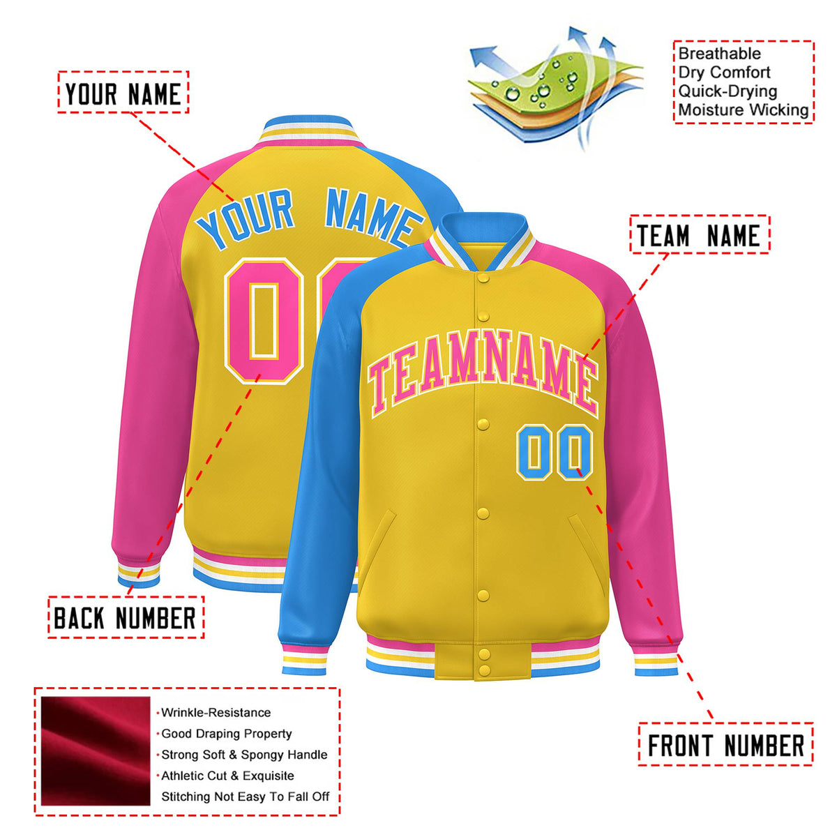 Custom Gold Pink-Powder Blue Raglan Sleeves Varsity Full-Snap Letterman Jacket