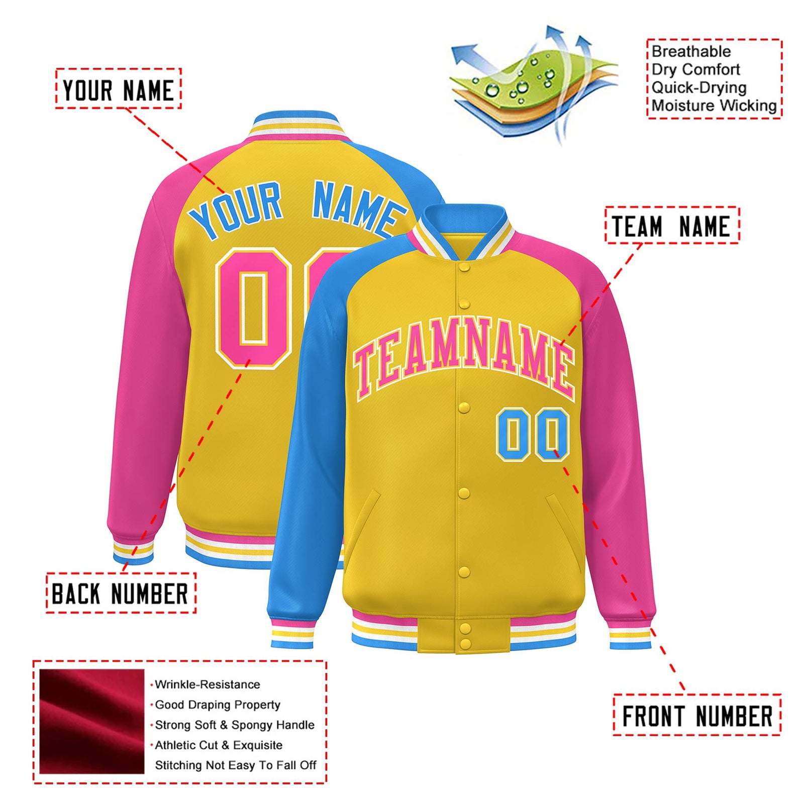 Custom Gold Pink-Powder Blue Raglan Sleeves Varsity Full-Snap Letterman Jacket