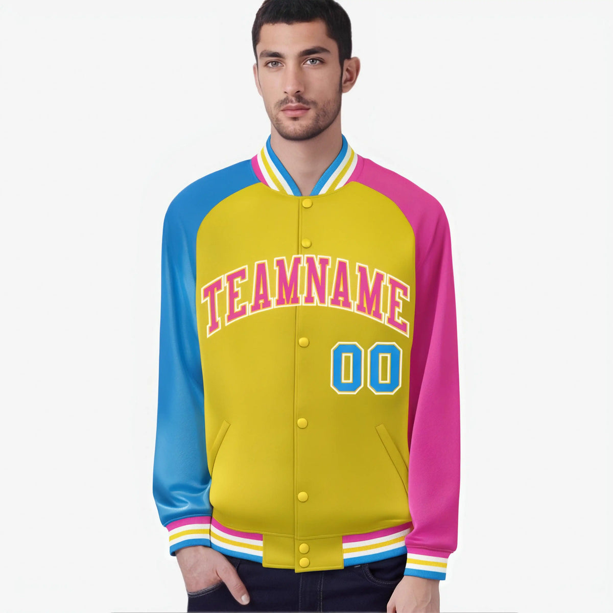 Custom Gold Pink-Powder Blue Raglan Sleeves Varsity Full-Snap Letterman Jacket