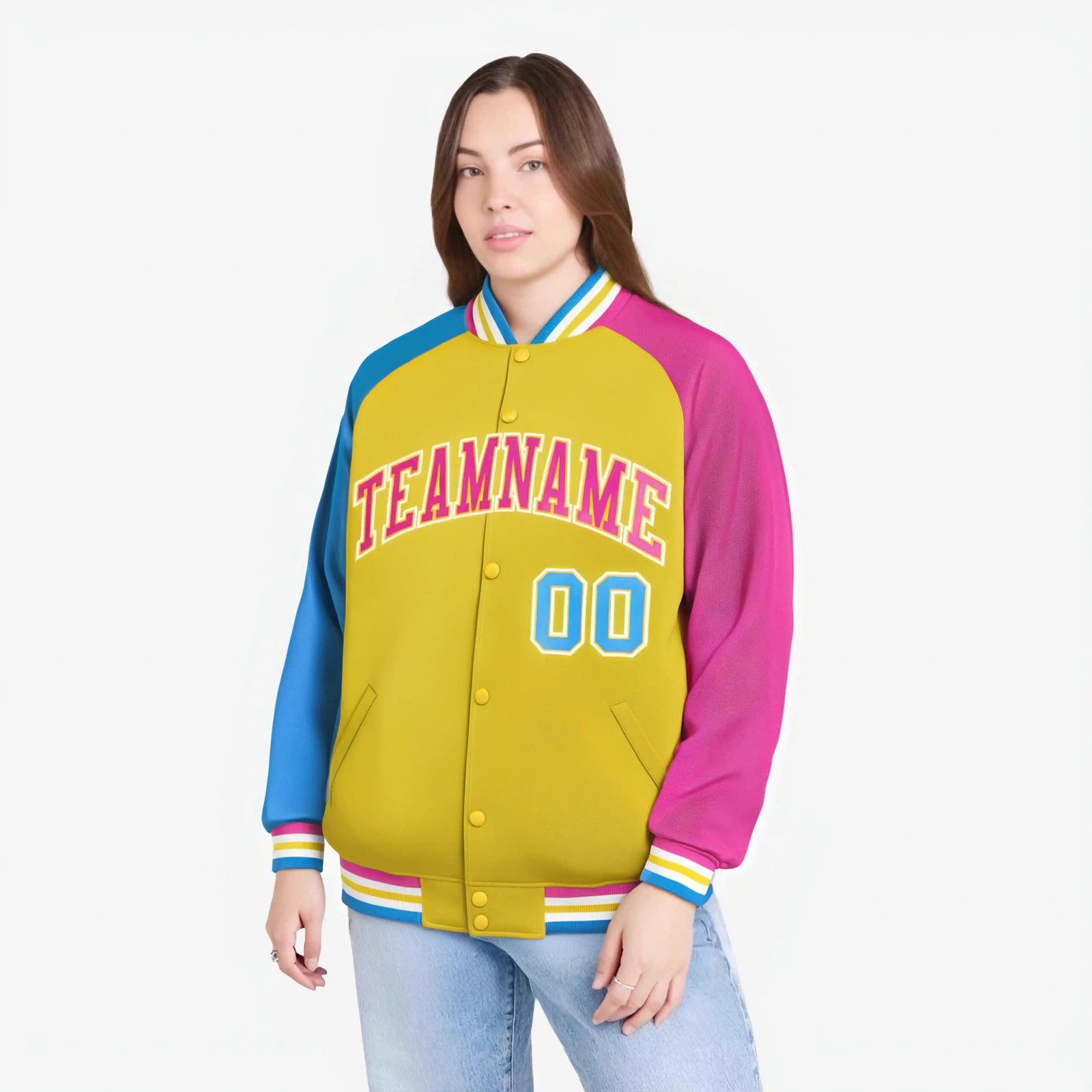 Custom Gold Pink-Powder Blue Raglan Sleeves Varsity Full-Snap Letterman Jacket