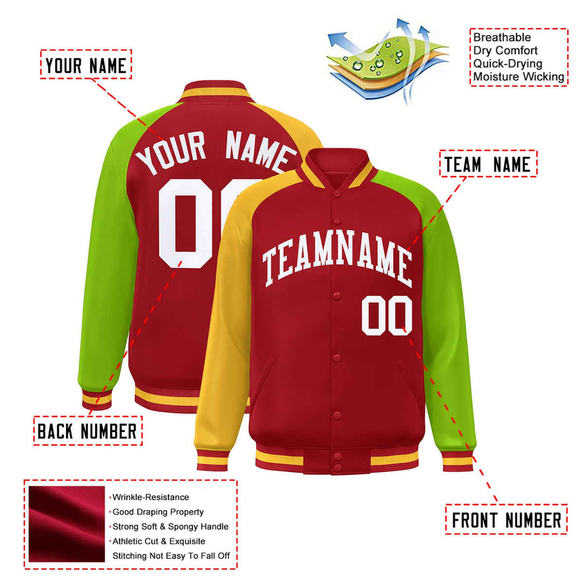 Custom Red Neon Green-Gold Raglan Sleeves Varsity Full-Snap Letterman Jacket