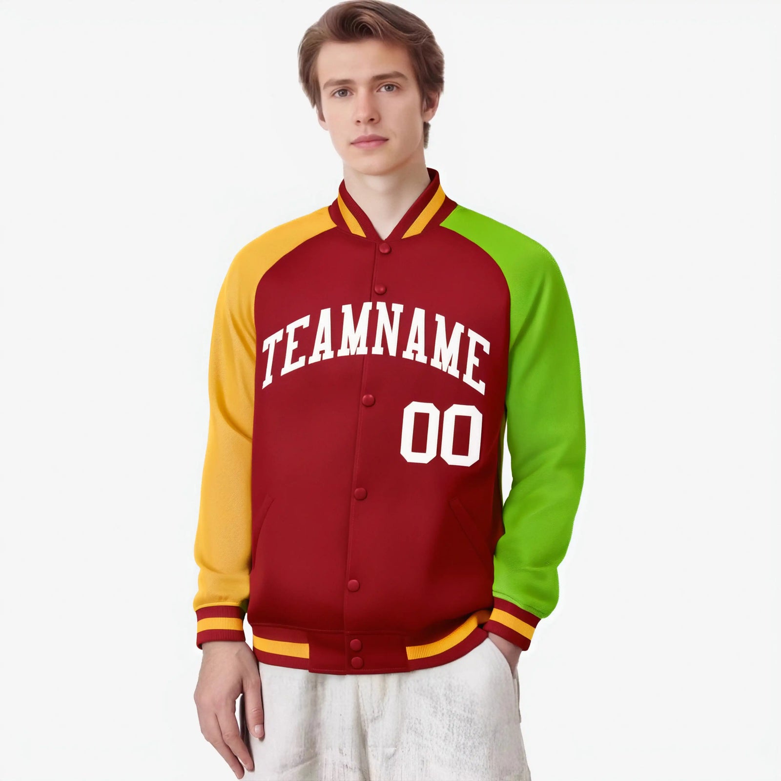 Custom Red Neon Green-Gold Raglan Sleeves Varsity Full-Snap Letterman Jacket