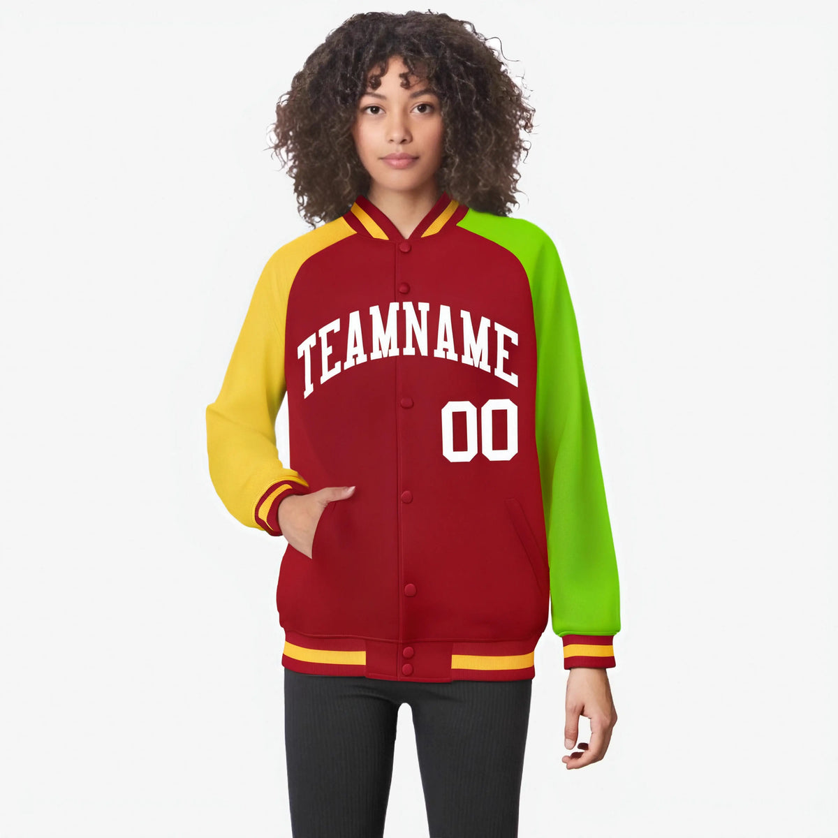 Custom Red Neon Green-Gold Raglan Sleeves Varsity Full-Snap Letterman Jacket