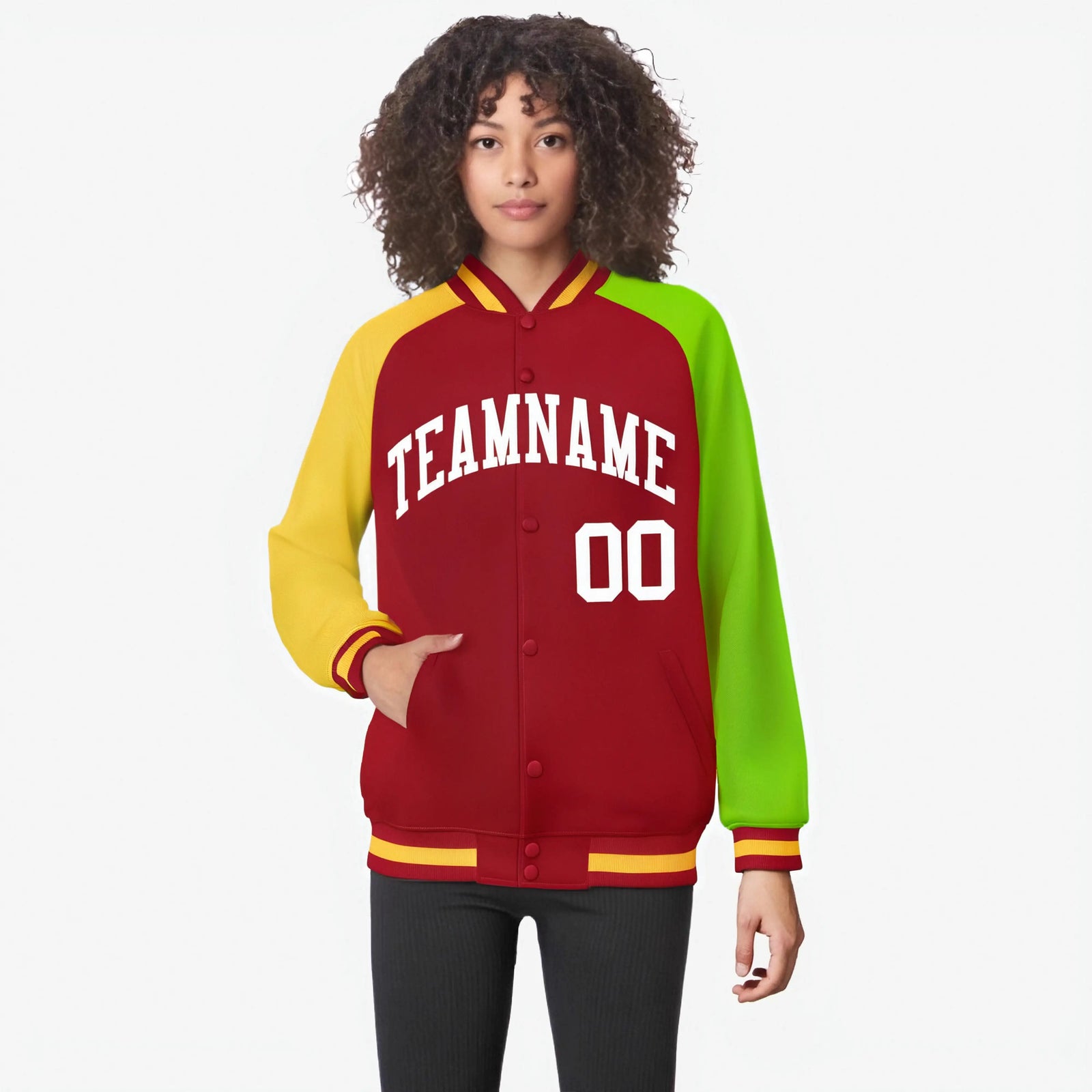 Custom Red Neon Green-Gold Raglan Sleeves Varsity Full-Snap Letterman Jacket