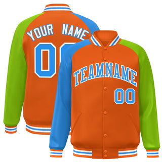 Custom Orange Neon Green-Powder Blue Raglan Sleeves Varsity Full-Snap Letterman Jacket - Style 1