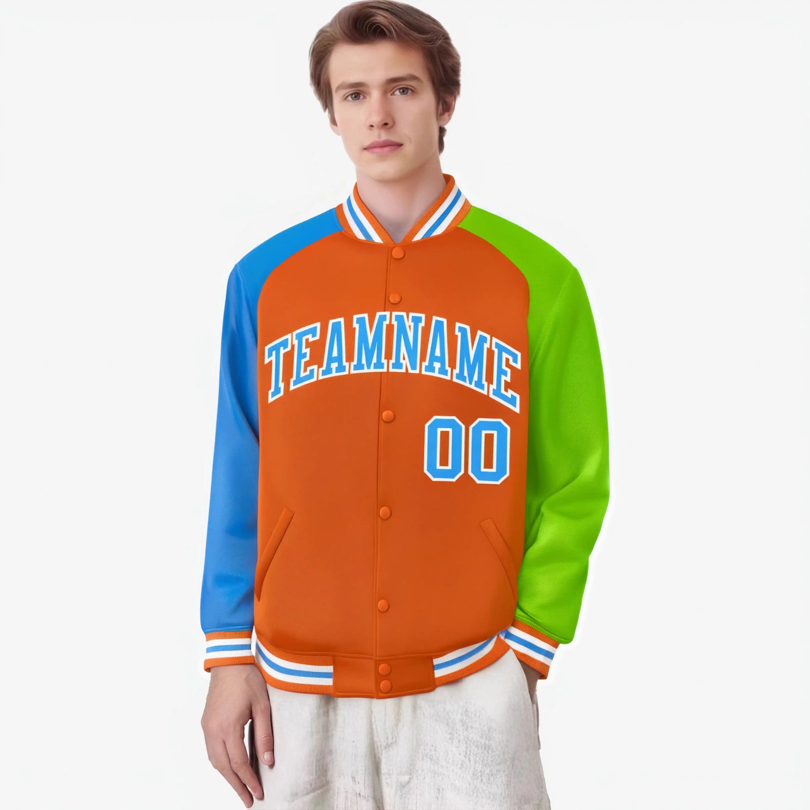 Custom Orange Neon Green-Powder Blue Raglan Sleeves Varsity Full-Snap Letterman Jacket