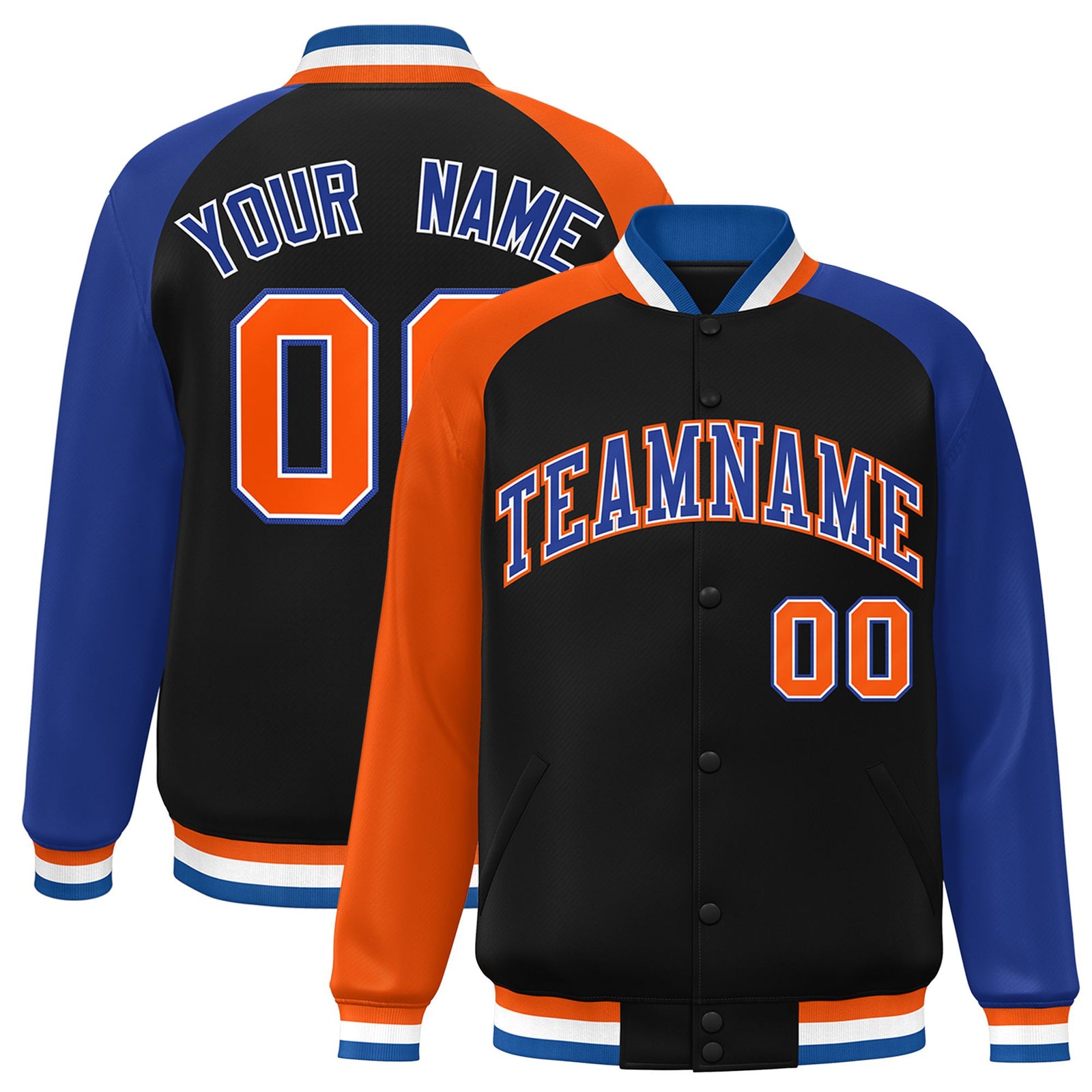 Custom Black Royal Blue-Orange Raglan Sleeves Varsity Full-Snap Letterman Jacket