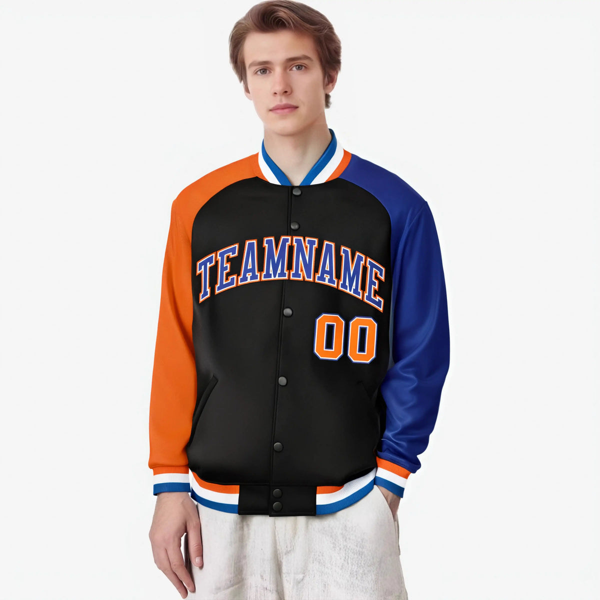 Custom Black Royal Blue-Orange Raglan Sleeves Varsity Full-Snap Letterman Jacket