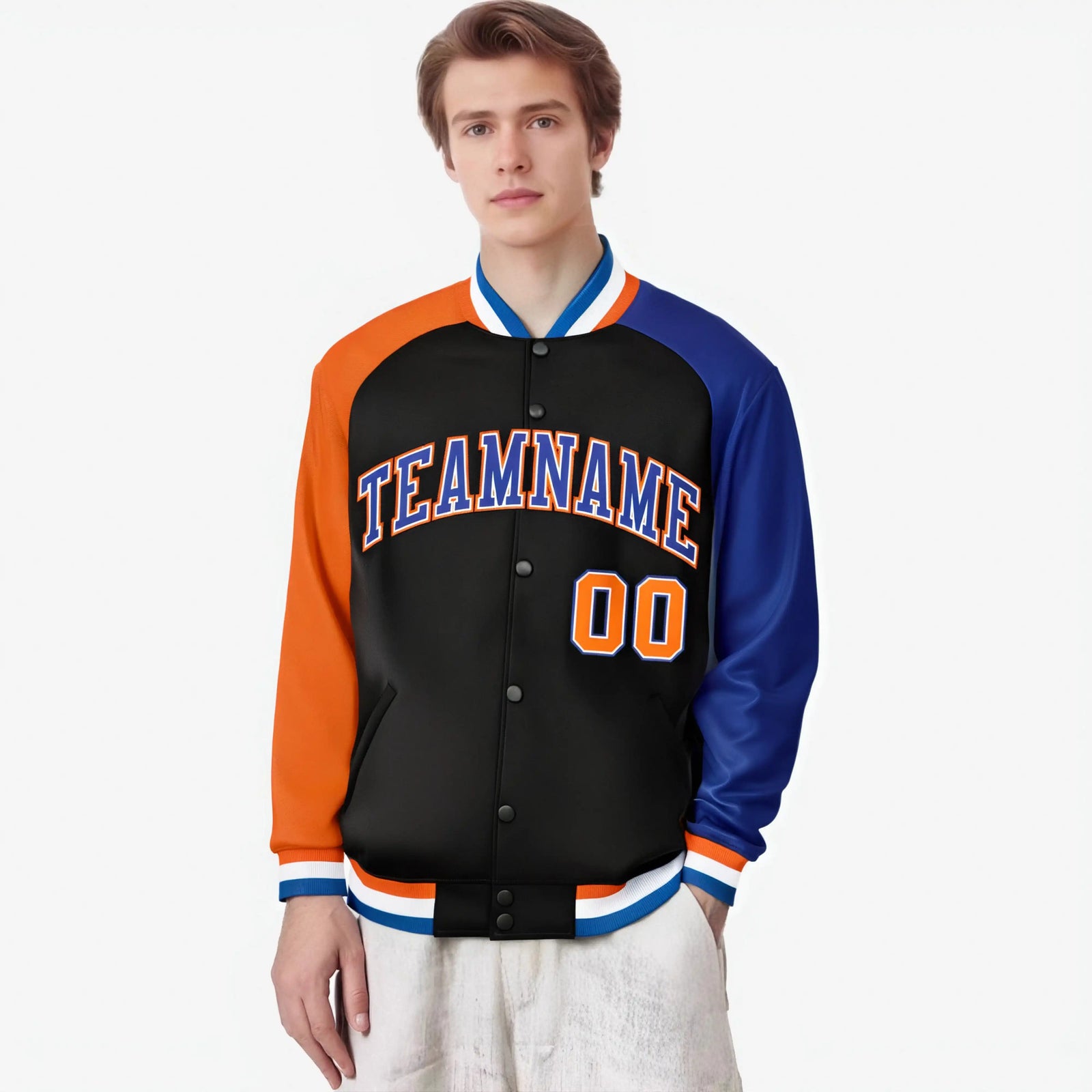 Custom Black Royal Blue-Orange Raglan Sleeves Varsity Full-Snap Letterman Jacket