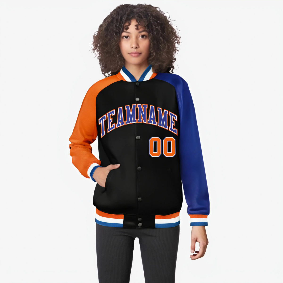 Custom Black Royal Blue-Orange Raglan Sleeves Varsity Full-Snap Letterman Jacket