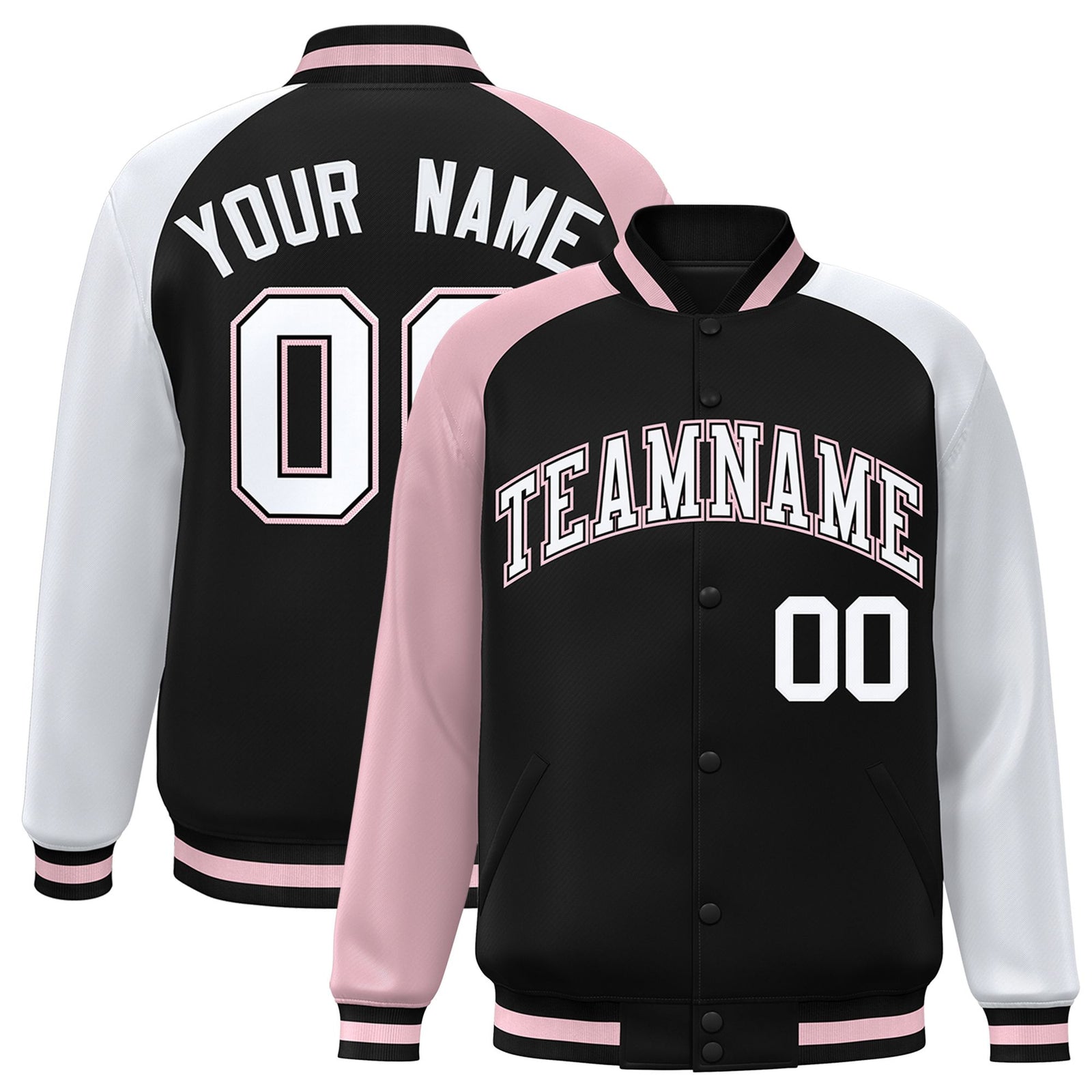 Custom Black White-Pink Raglan Sleeves Varsity Full-Snap Letterman Jacket