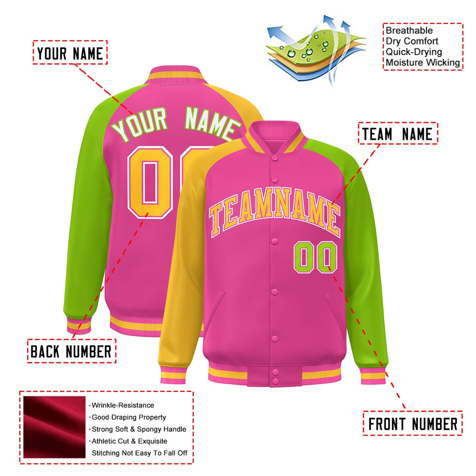 Custom Pink Neon Green-Gold Raglan Sleeves Varsity Full-Snap Letterman Jacket