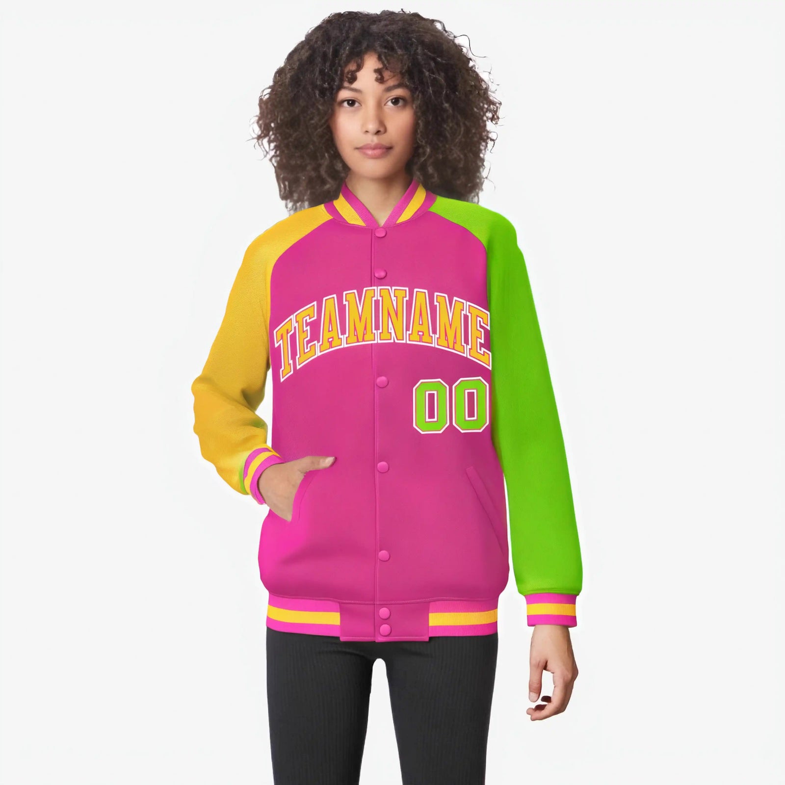 Custom Pink Neon Green-Gold Raglan Sleeves Varsity Full-Snap Letterman Jacket