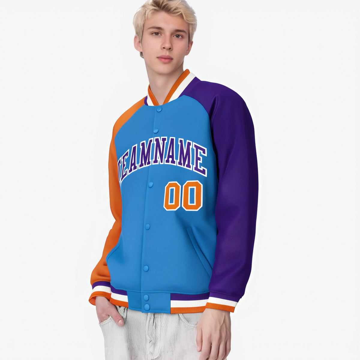 Custom Powder Blue Purple-Orange Raglan Sleeves Varsity Full-Snap Letterman Jacket