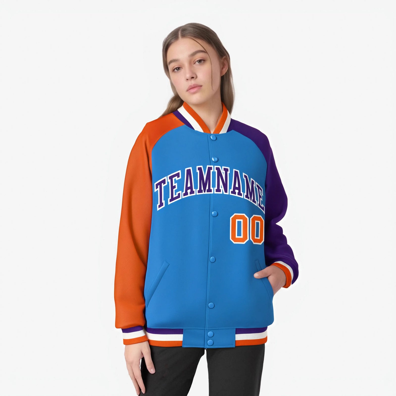 Custom Powder Blue Purple-Orange Raglan Sleeves Varsity Full-Snap Letterman Jacket