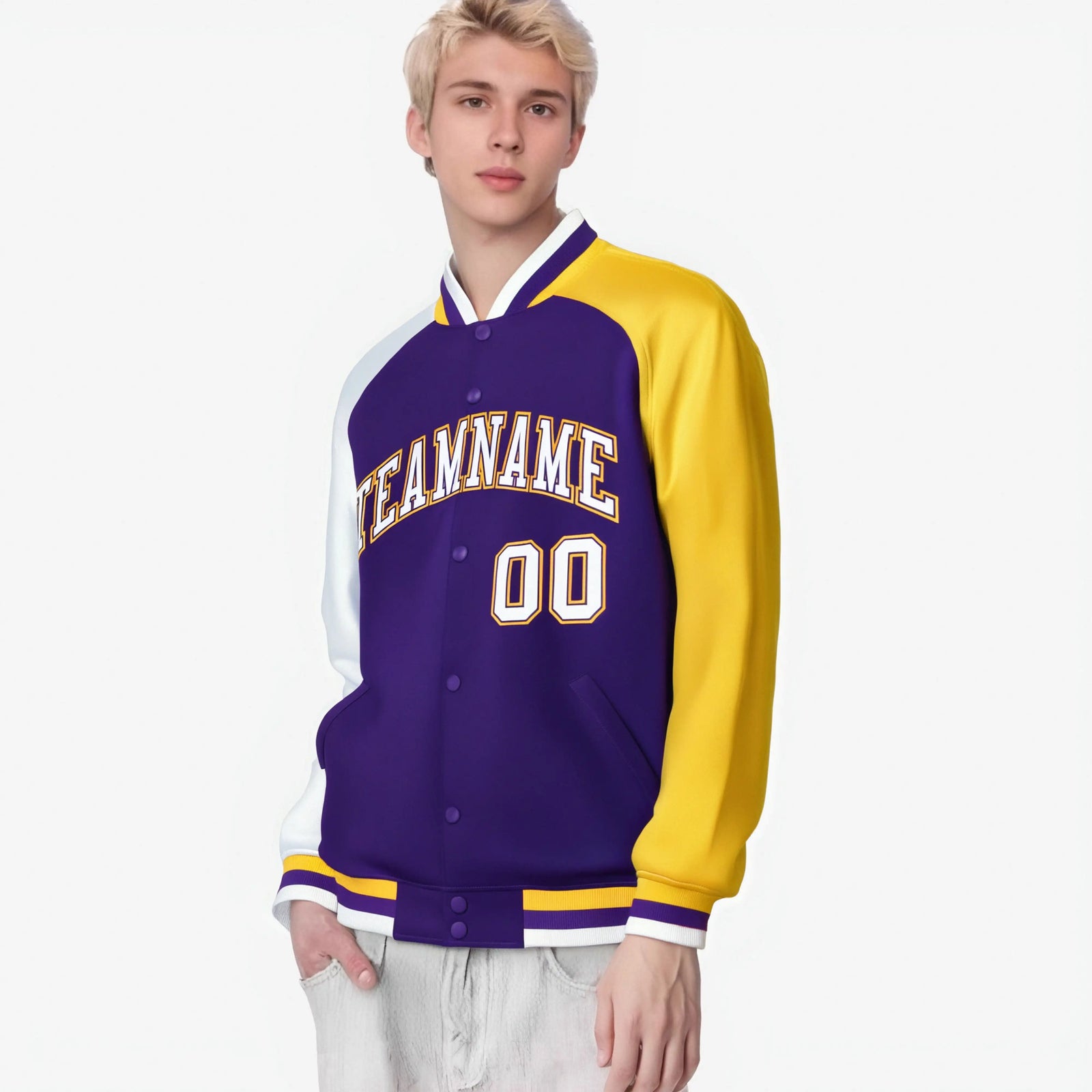 Custom Purple Gold-White Raglan Sleeves Varsity Full-Snap Letterman Jacket