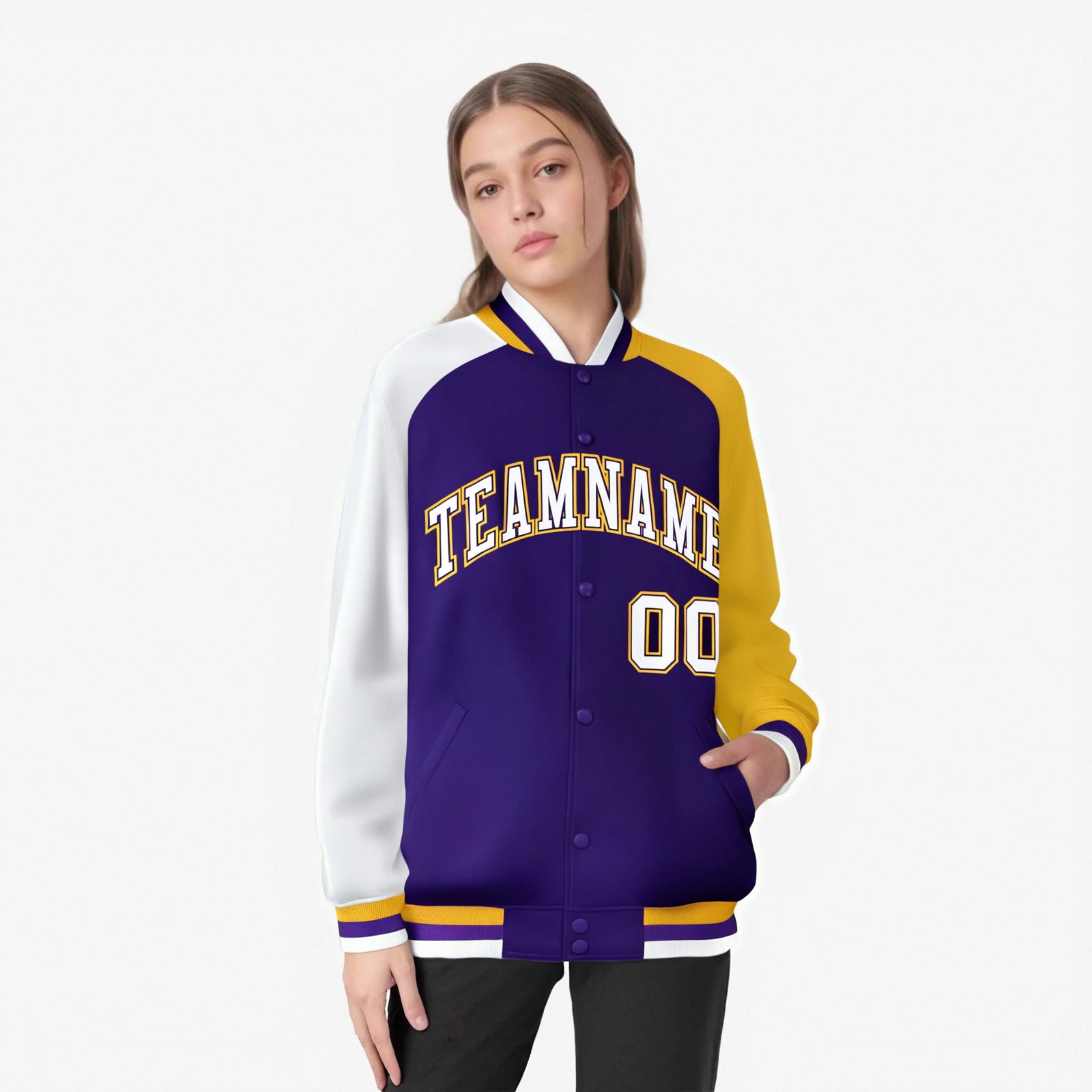 Custom Purple Gold-White Raglan Sleeves Varsity Full-Snap Letterman Jacket