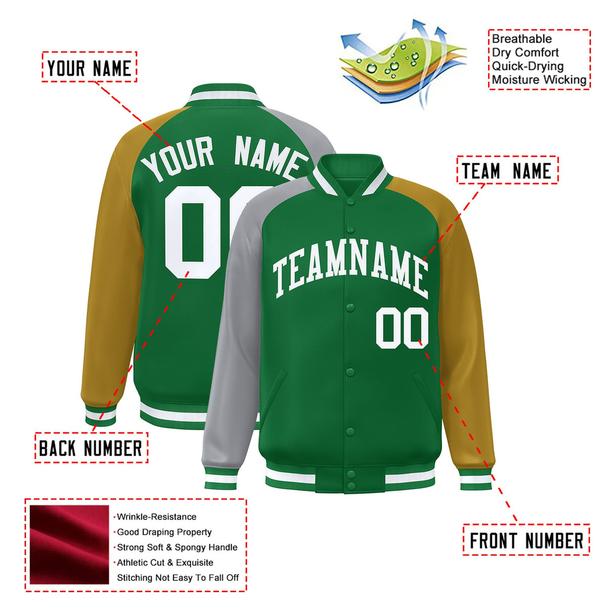 Custom Kelly Green Old Gold-Gray Raglan Sleeves Varsity Full-Snap Letterman Jacket