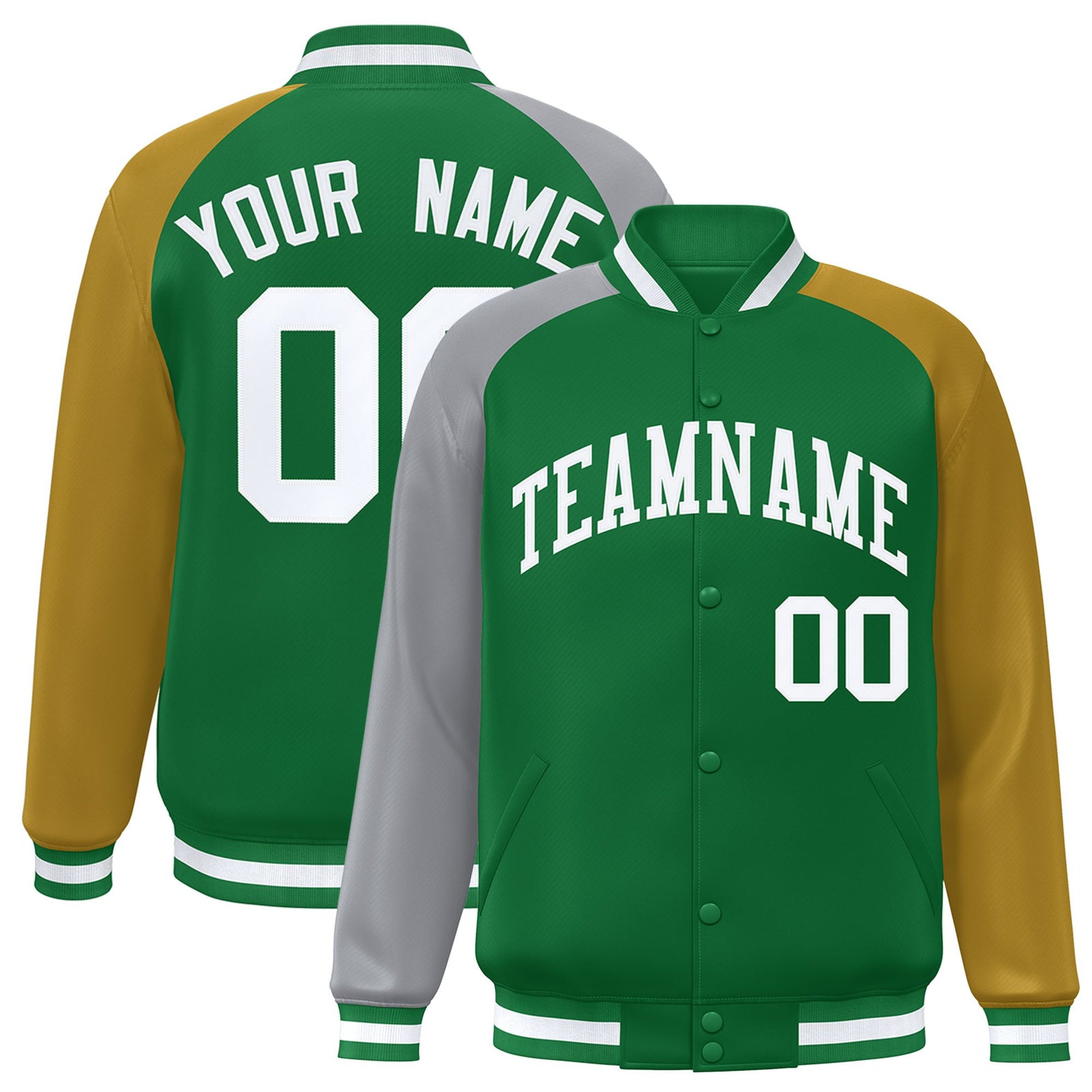 Custom Kelly Green Old Gold-Gray Raglan Sleeves Varsity Full-Snap Letterman Jacket