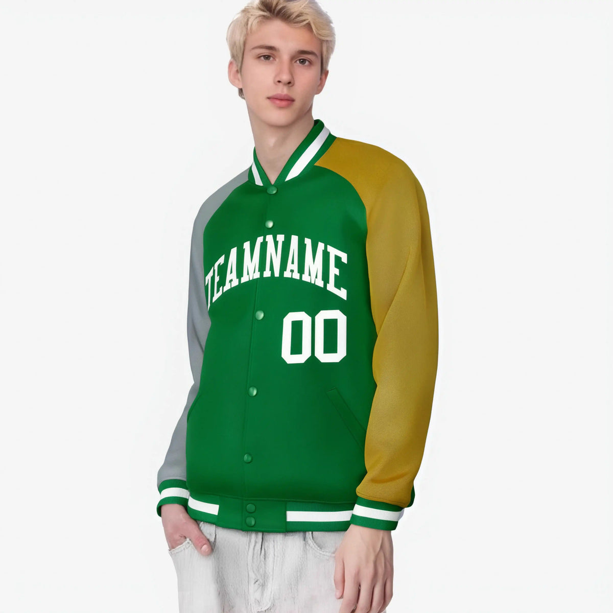 Custom Kelly Green Old Gold-Gray Raglan Sleeves Varsity Full-Snap Letterman Jacket