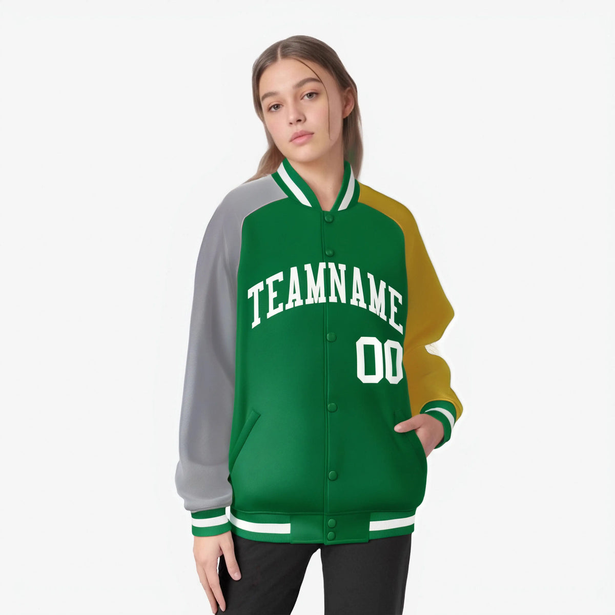 Custom Kelly Green Old Gold-Gray Raglan Sleeves Varsity Full-Snap Letterman Jacket