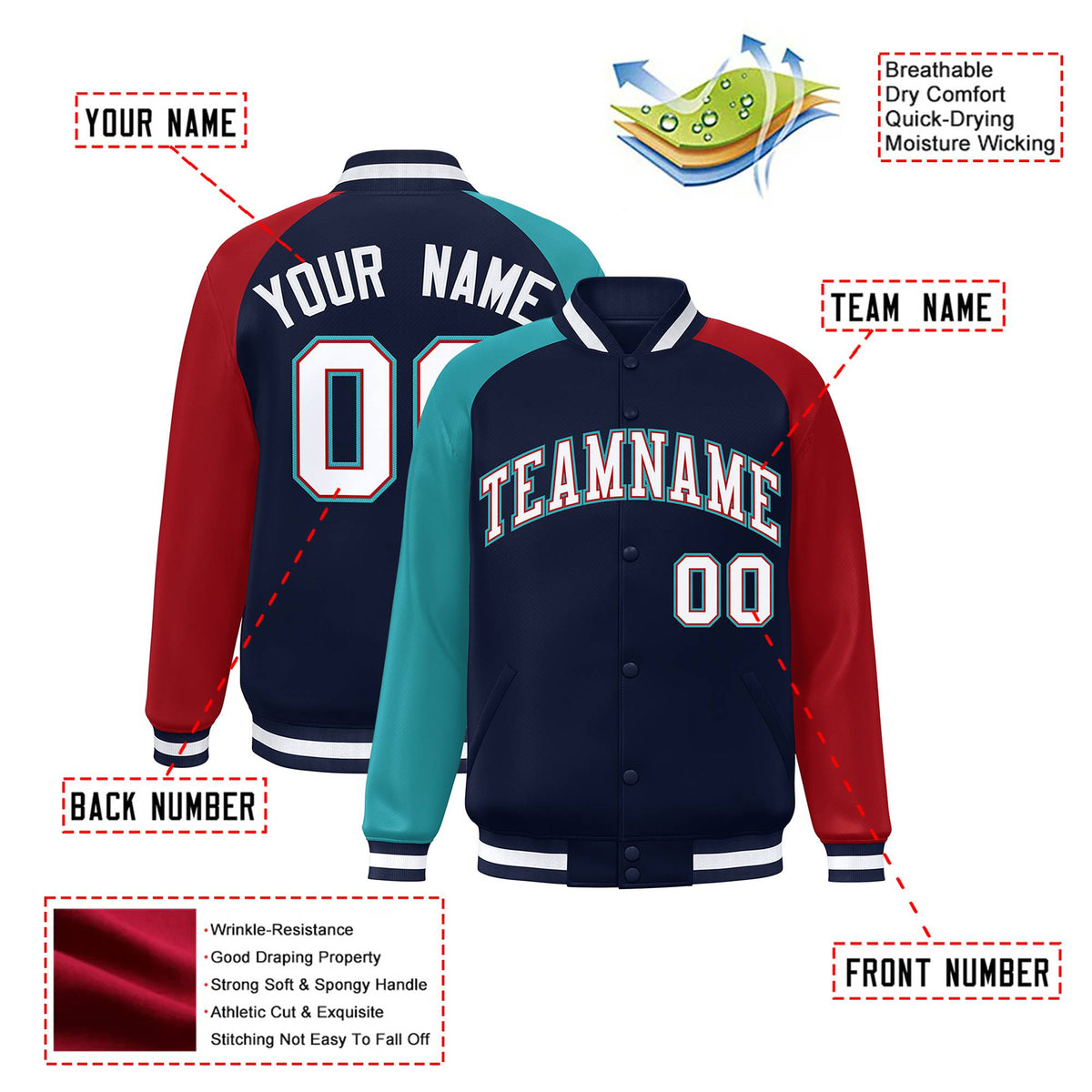 Custom Navy Red-Aqua Raglan Sleeves Varsity Full-Snap Letterman Jacket