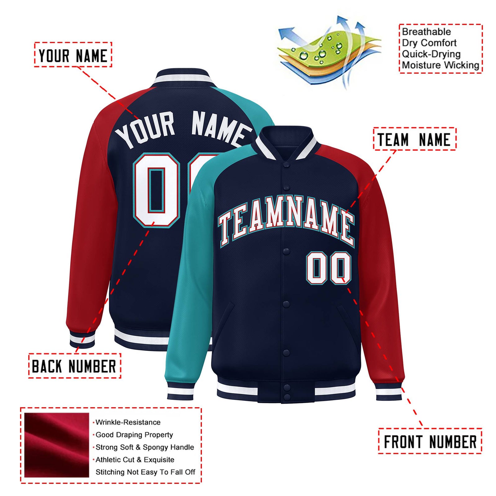 Custom Navy Red-Aqua Raglan Sleeves Varsity Full-Snap Letterman Jacket