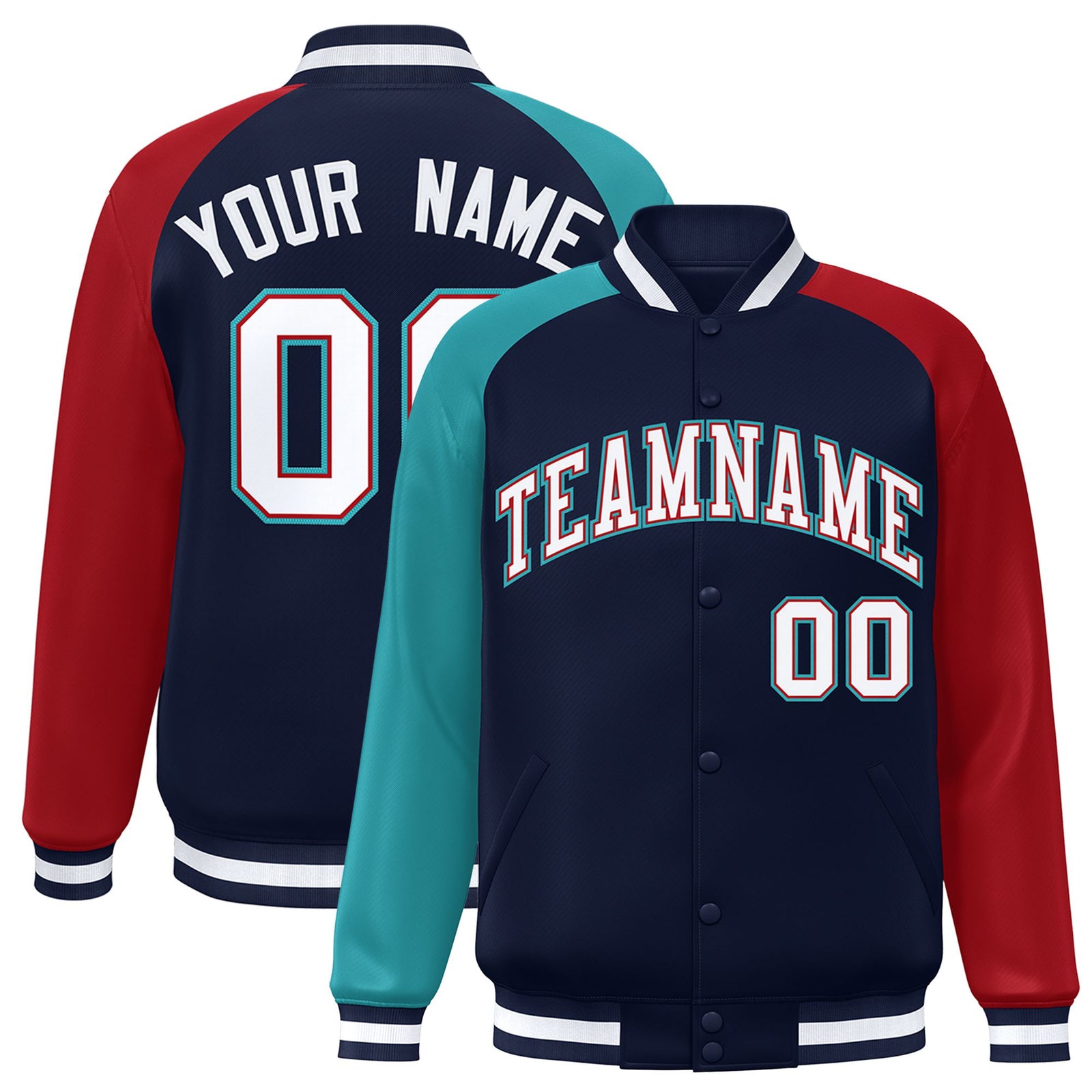 Custom Navy Red-Aqua Raglan Sleeves Varsity Full-Snap Letterman Jacket