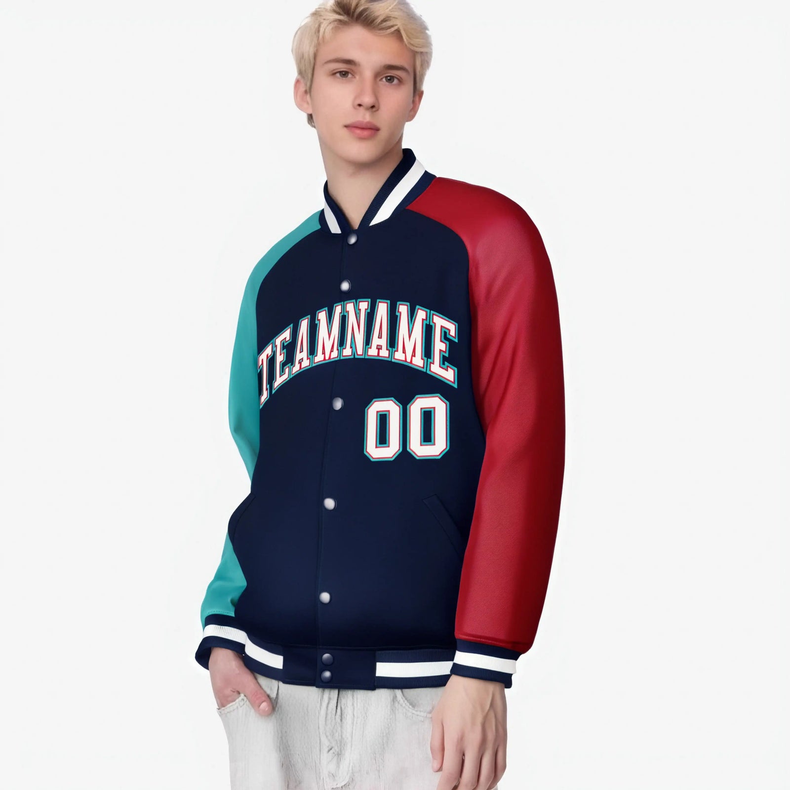 Custom Navy Red-Aqua Raglan Sleeves Varsity Full-Snap Letterman Jacket