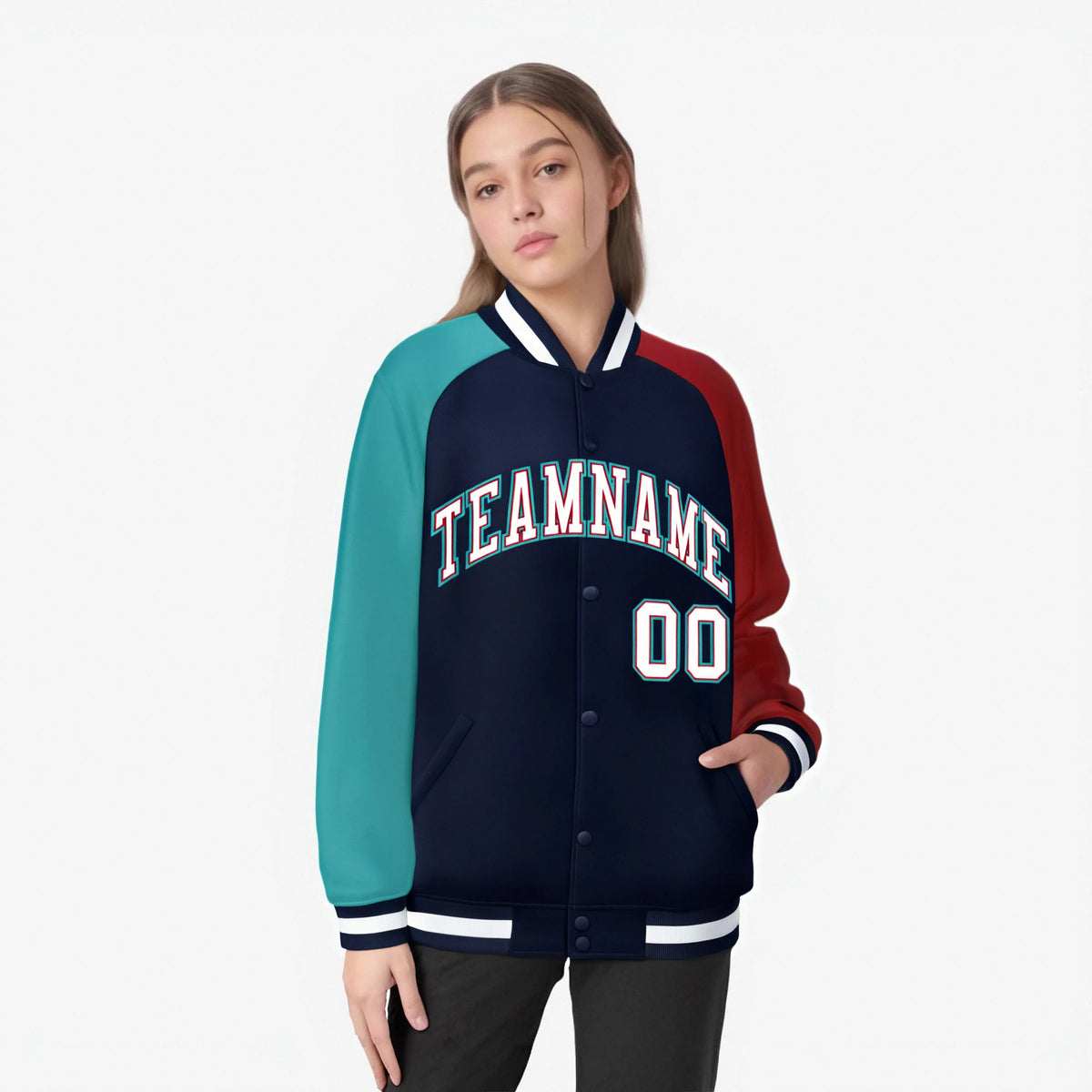 Custom Navy Red-Aqua Raglan Sleeves Varsity Full-Snap Letterman Jacket