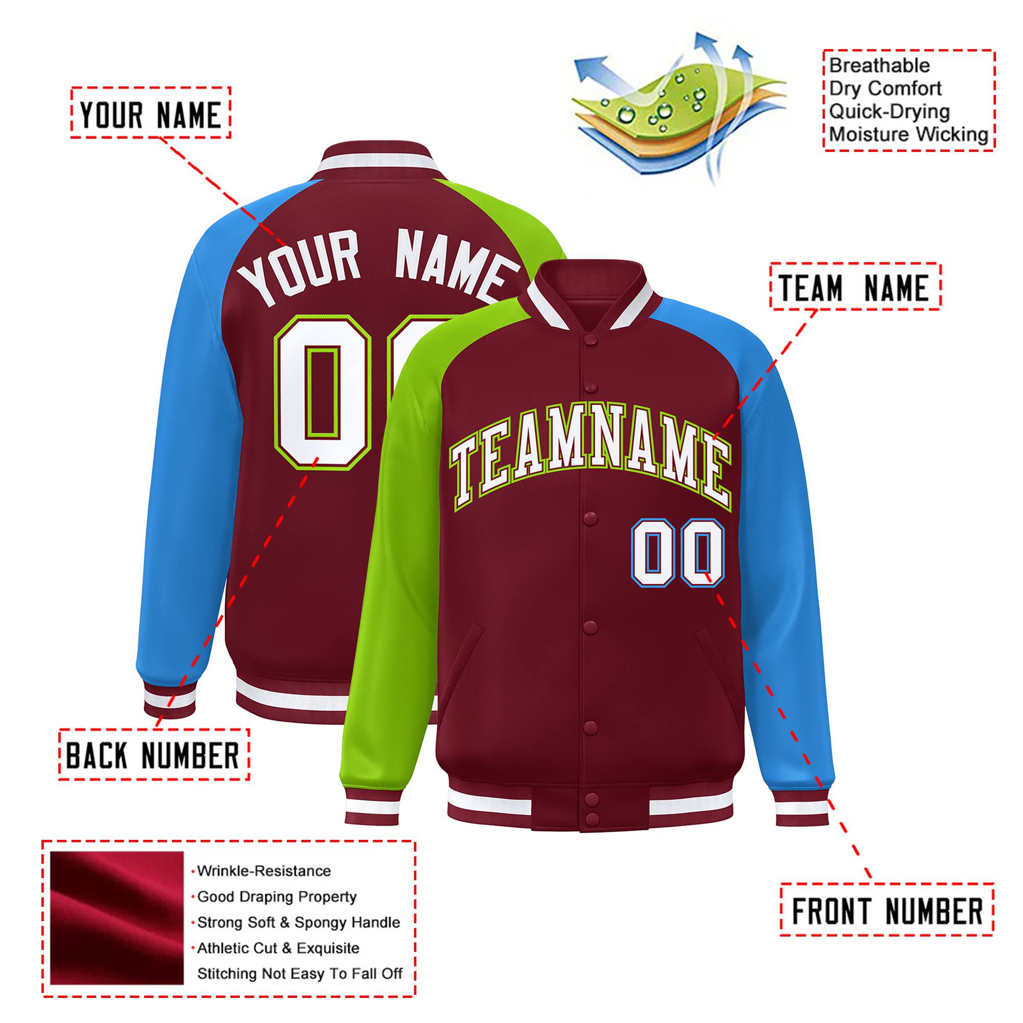 Custom Crimson Neon Green-Powder Blue Raglan Sleeves Varsity Full-Snap Letterman Jacket