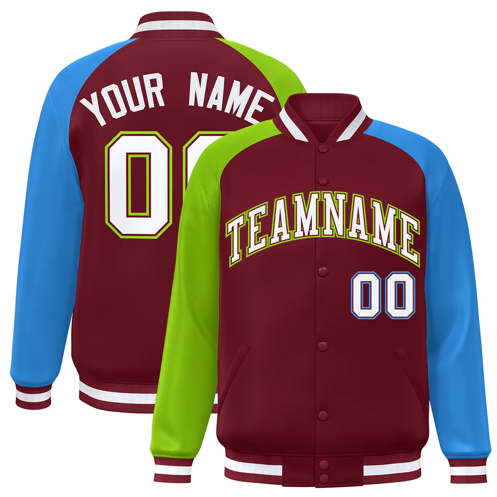 Custom Crimson Neon Green-Powder Blue Raglan Sleeves Varsity Full-Snap Letterman Jacket