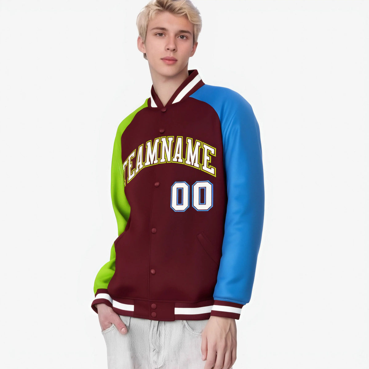 Custom Crimson Neon Green-Powder Blue Raglan Sleeves Varsity Full-Snap Letterman Jacket