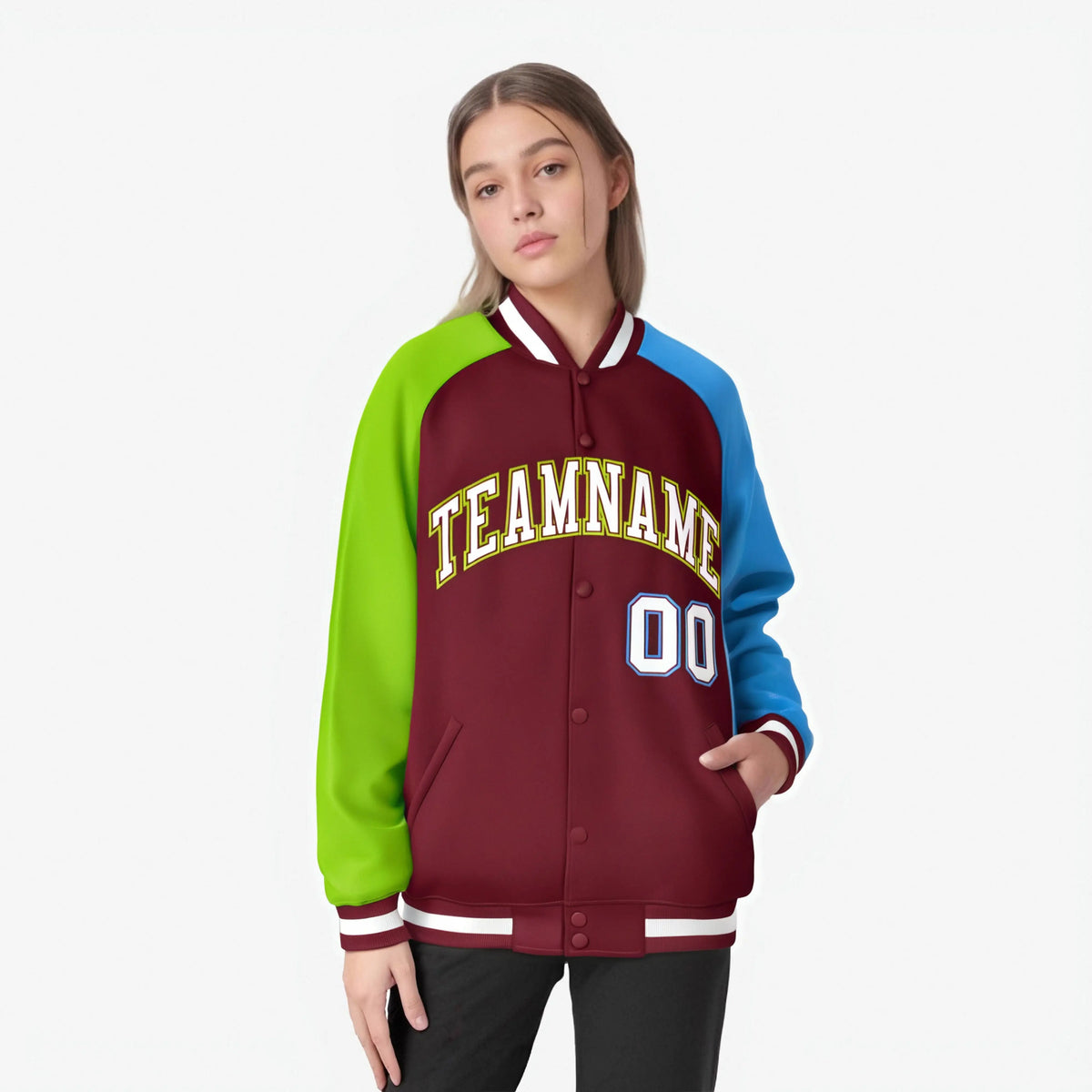 Custom Crimson Neon Green-Powder Blue Raglan Sleeves Varsity Full-Snap Letterman Jacket