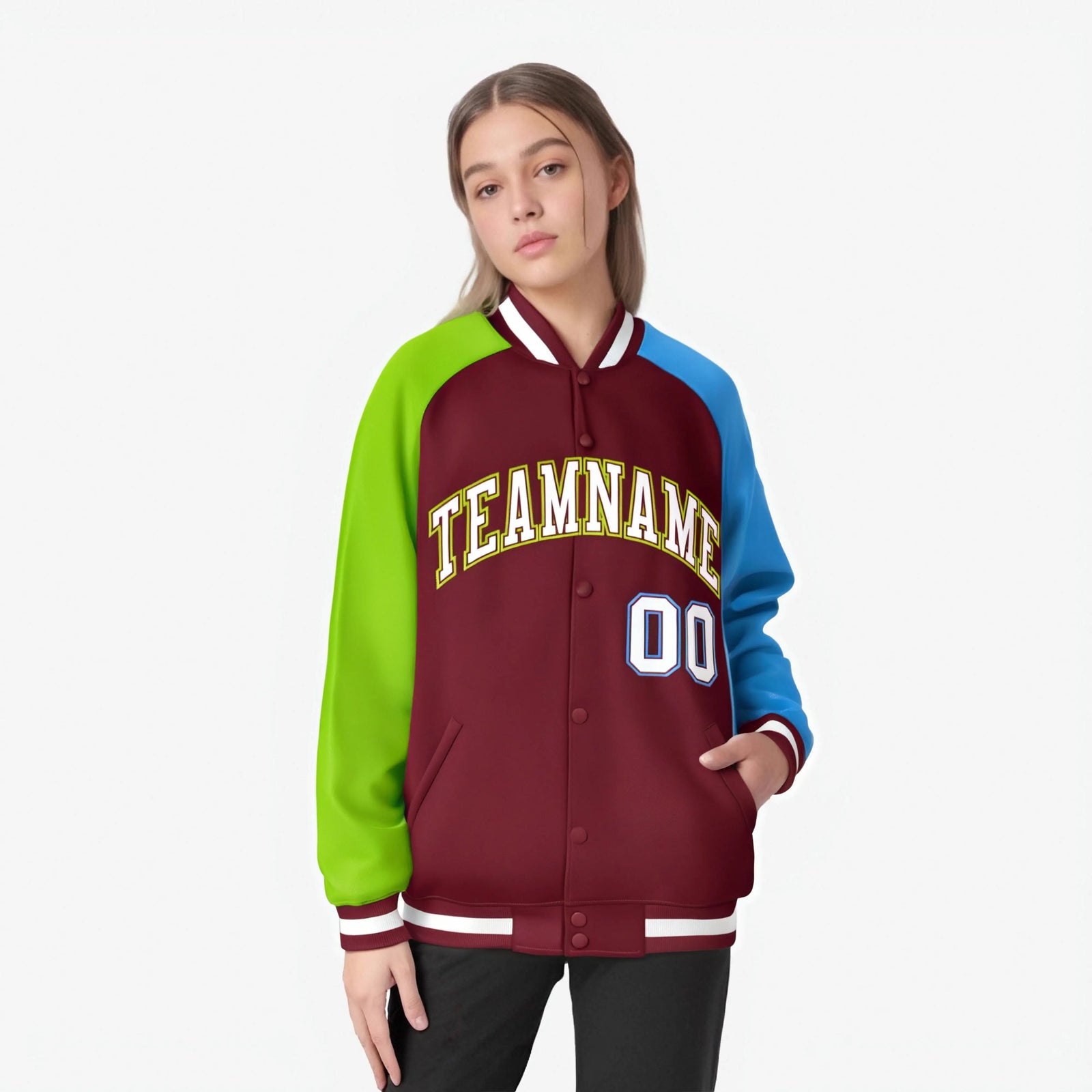 Custom Crimson Neon Green-Powder Blue Raglan Sleeves Varsity Full-Snap Letterman Jacket
