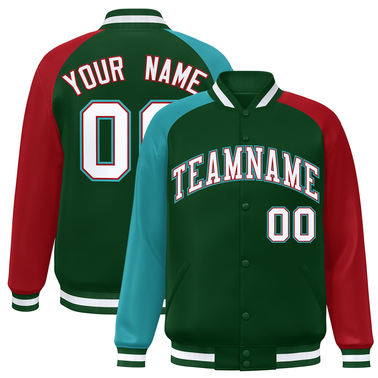 Custom Green Red-Aqua Raglan Sleeves Varsity Full-Snap Letterman Jacket