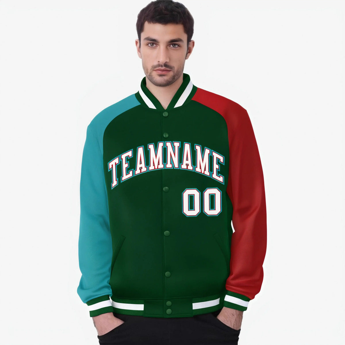 Custom Green Red-Aqua Raglan Sleeves Varsity Full-Snap Letterman Jacket