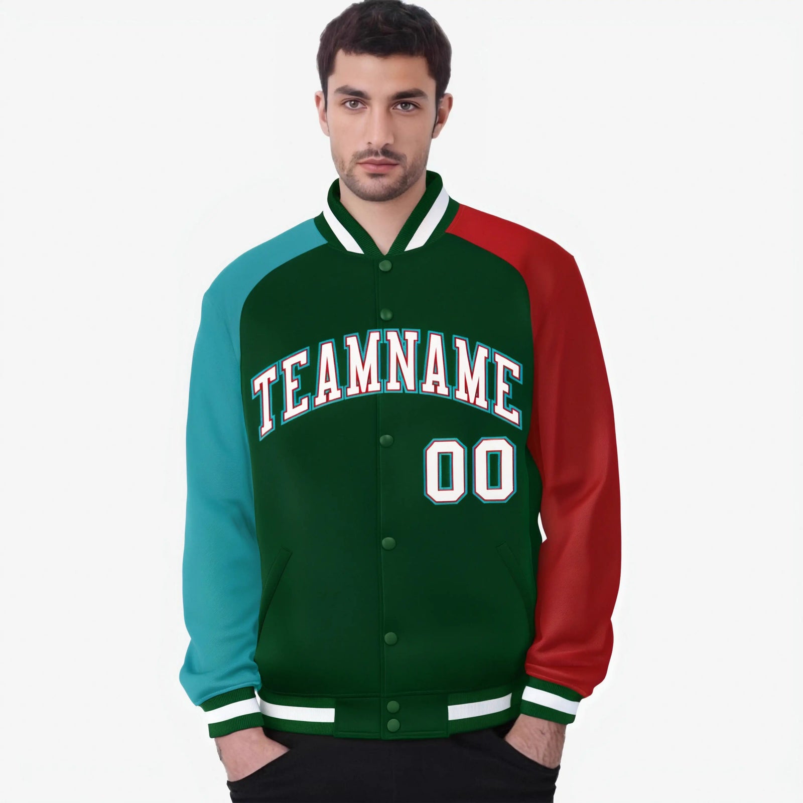 Custom Green Red-Aqua Raglan Sleeves Varsity Full-Snap Letterman Jacket