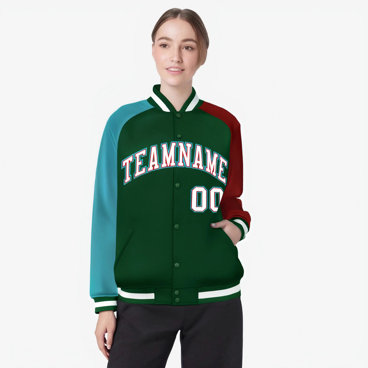 Custom Green Red-Aqua Raglan Sleeves Varsity Full-Snap Letterman Jacket