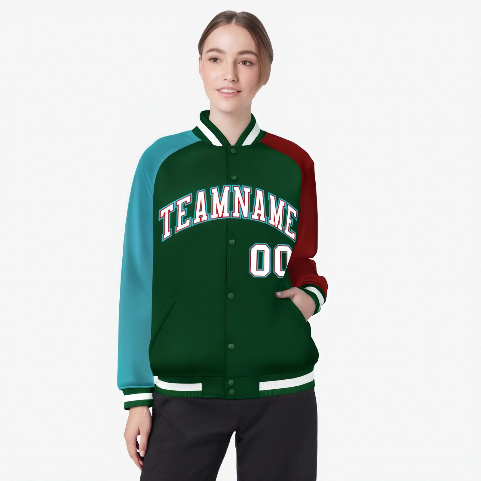 Custom Green Red-Aqua Raglan Sleeves Varsity Full-Snap Letterman Jacket