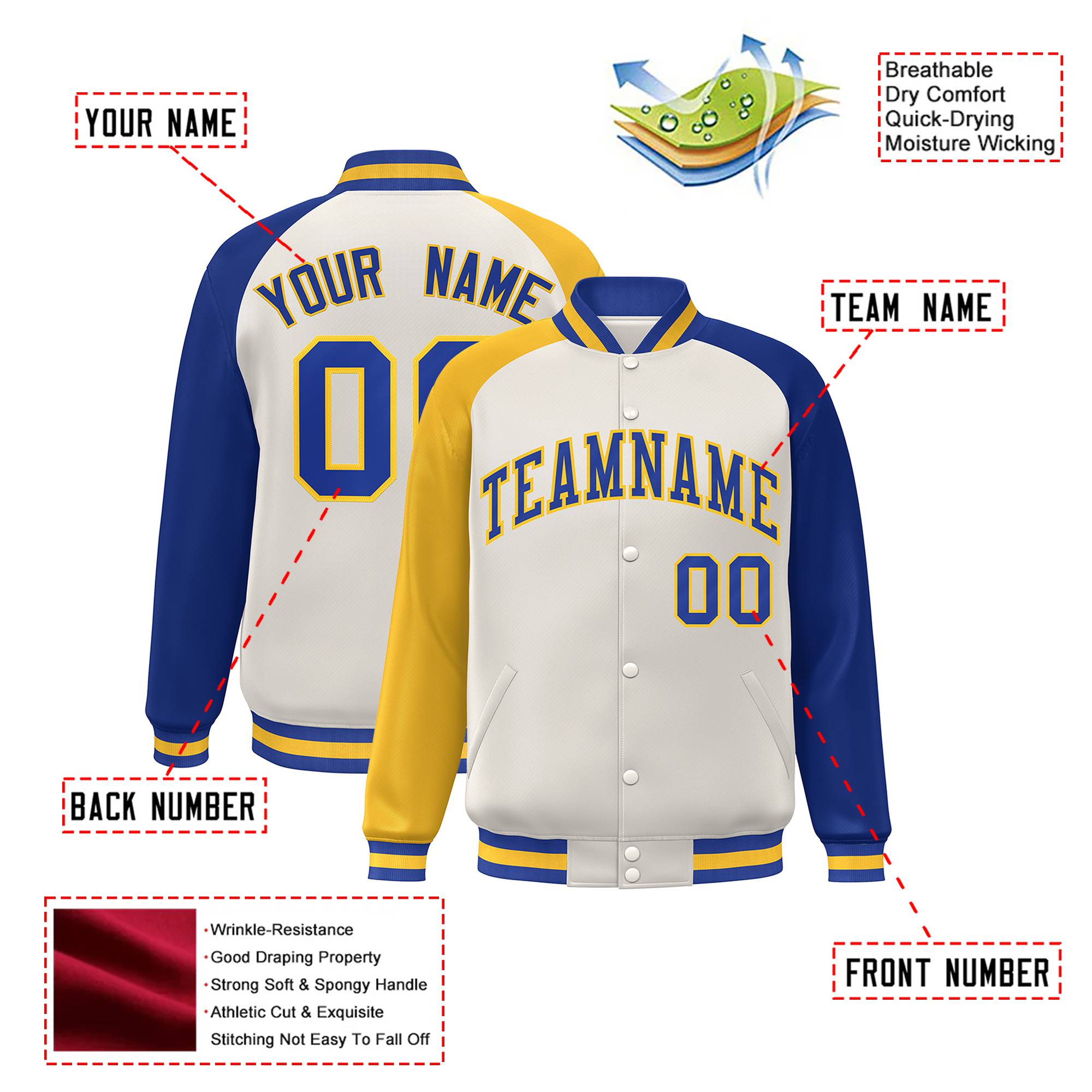 Custom Cream Royal Blue-Gold Raglan Sleeves Varsity Full-Snap Letterman Jacket