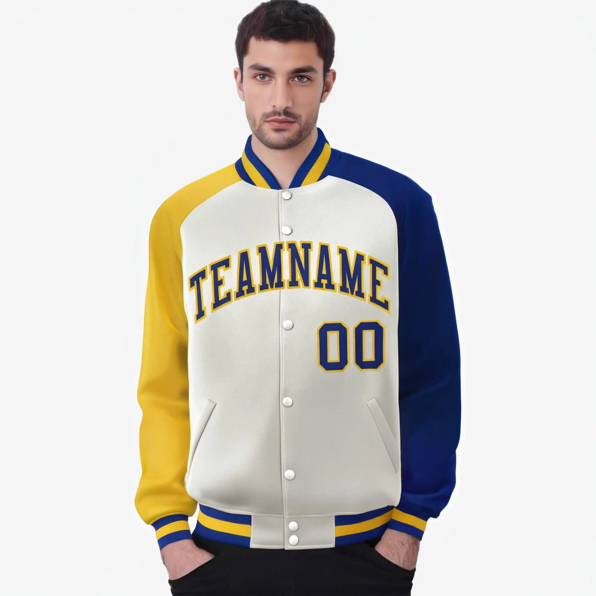 Custom Cream Royal Blue-Gold Raglan Sleeves Varsity Full-Snap Letterman Jacket