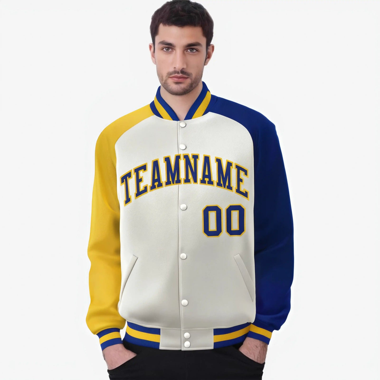Custom Cream Royal Blue-Gold Raglan Sleeves Varsity Full-Snap Letterman Jacket