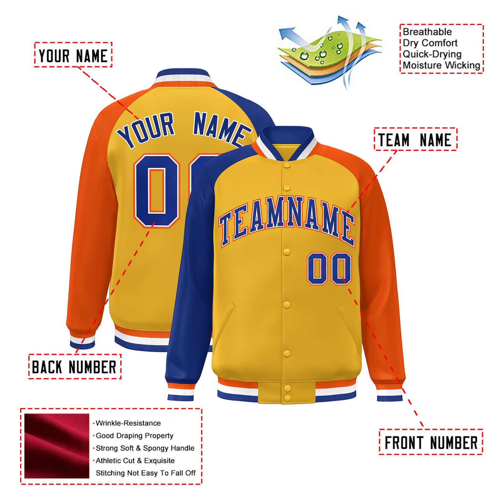 Custom Gold Orange-Royal Blue Raglan Sleeves Varsity Full-Snap Letterman Jacket