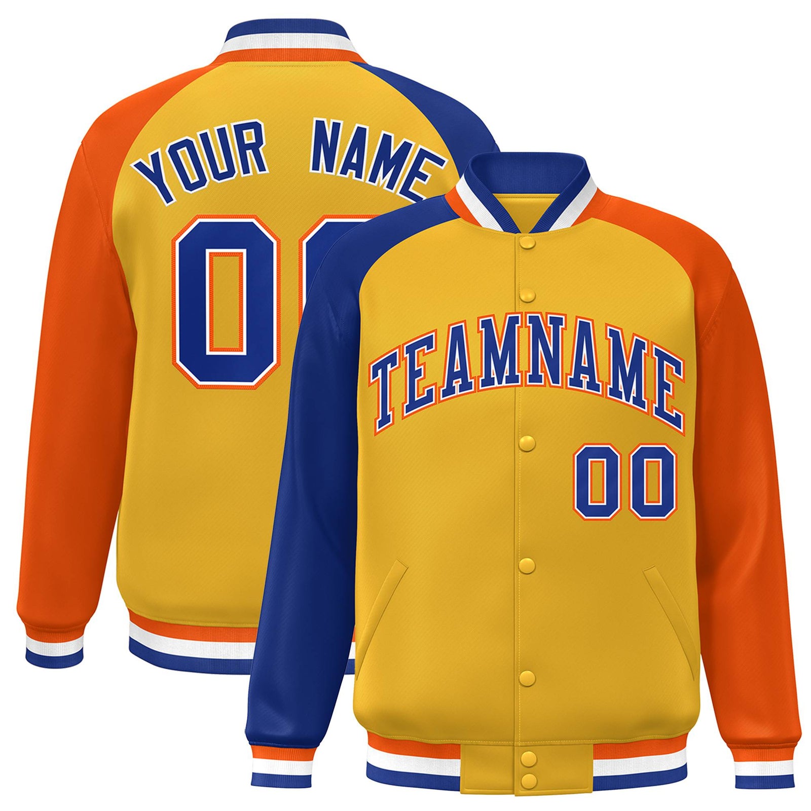 Custom Gold Orange-Royal Blue Raglan Sleeves Varsity Full-Snap Letterman Jacket