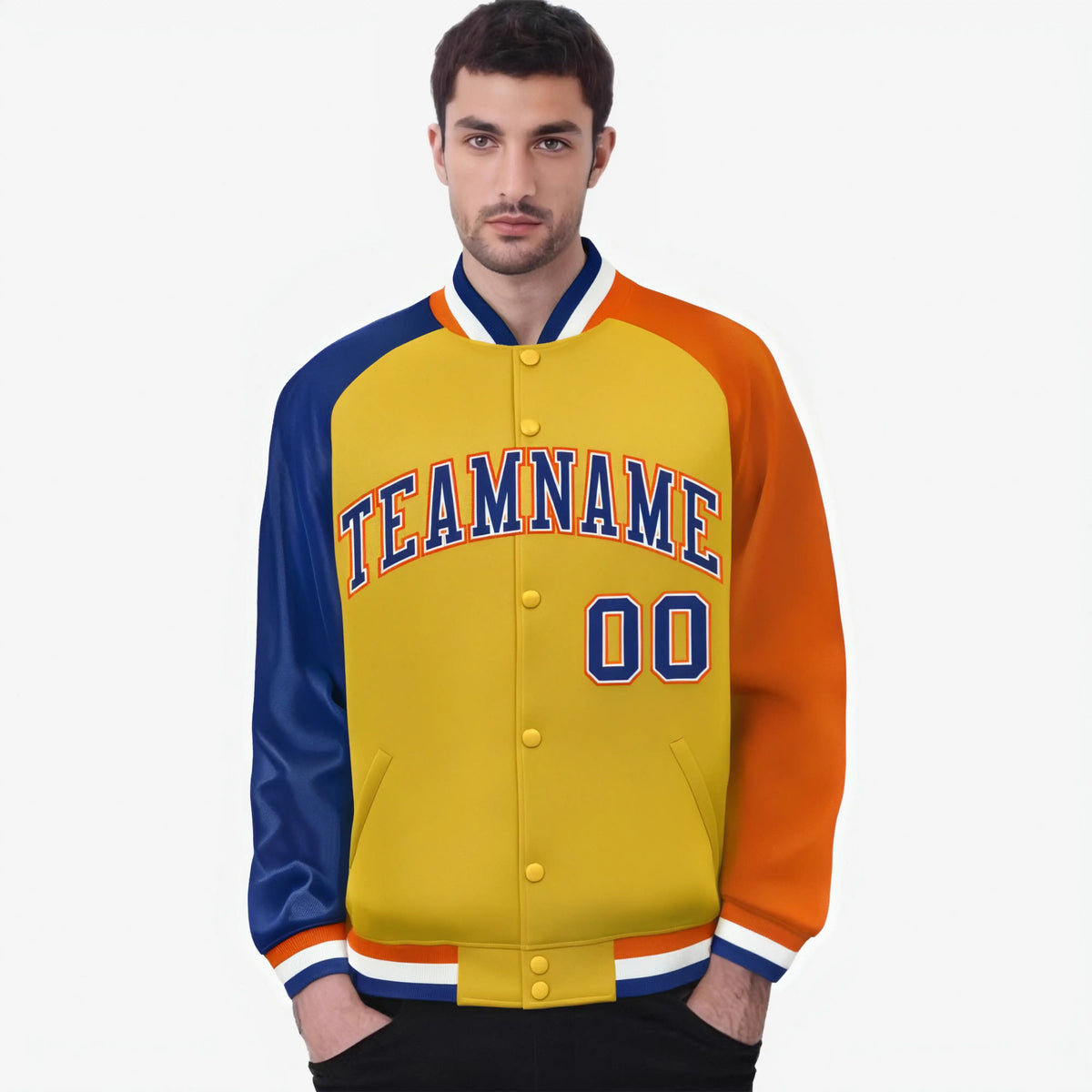 Custom Gold Orange-Royal Blue Raglan Sleeves Varsity Full-Snap Letterman Jacket