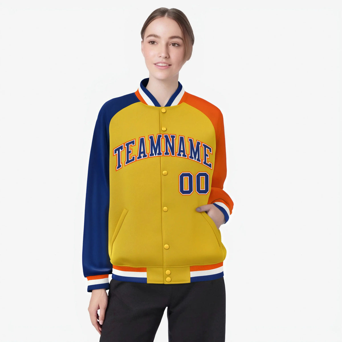 Custom Gold Orange-Royal Blue Raglan Sleeves Varsity Full-Snap Letterman Jacket