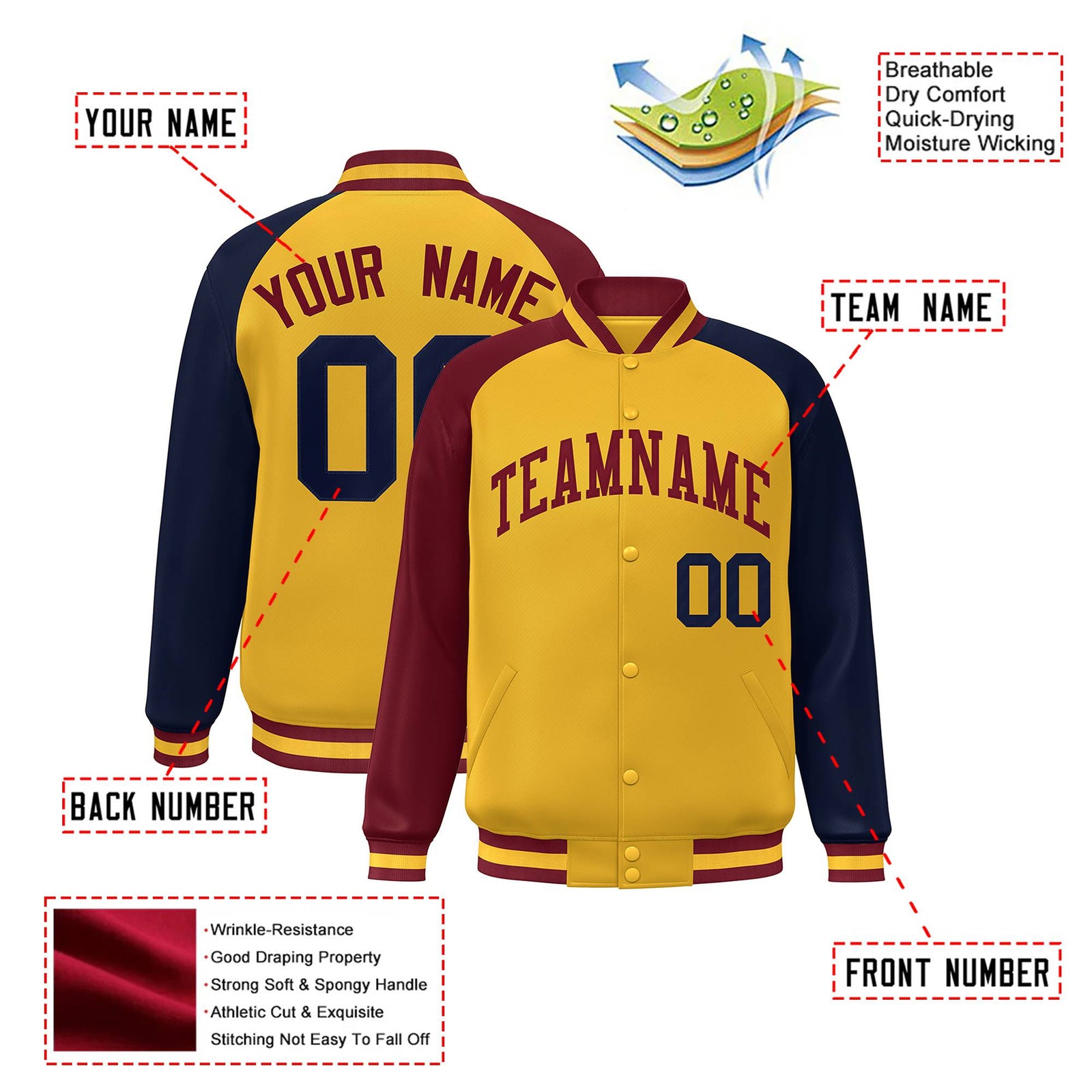 Custom Gold Navy-Crimson Raglan Sleeves Varsity Full-Snap Letterman Jacket