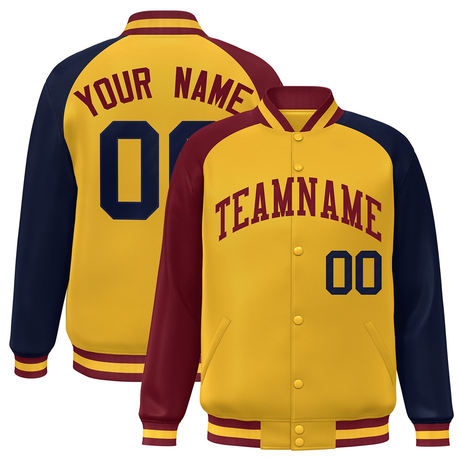 Custom Gold Navy-Crimson Raglan Sleeves Varsity Full-Snap Letterman Jacket