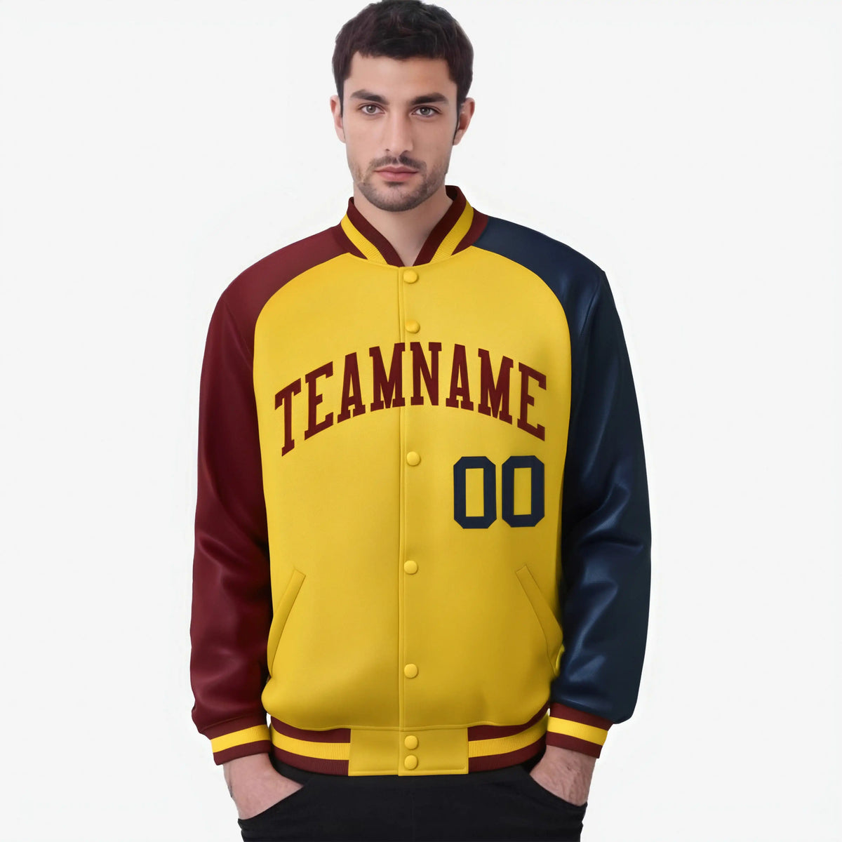 Custom Gold Navy-Crimson Raglan Sleeves Varsity Full-Snap Letterman Jacket